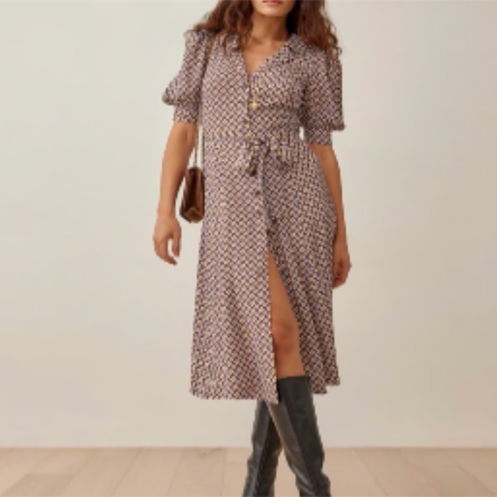 Reformation Mavi in Geometric Print Midi Dress MISSING BELT Sz 6.